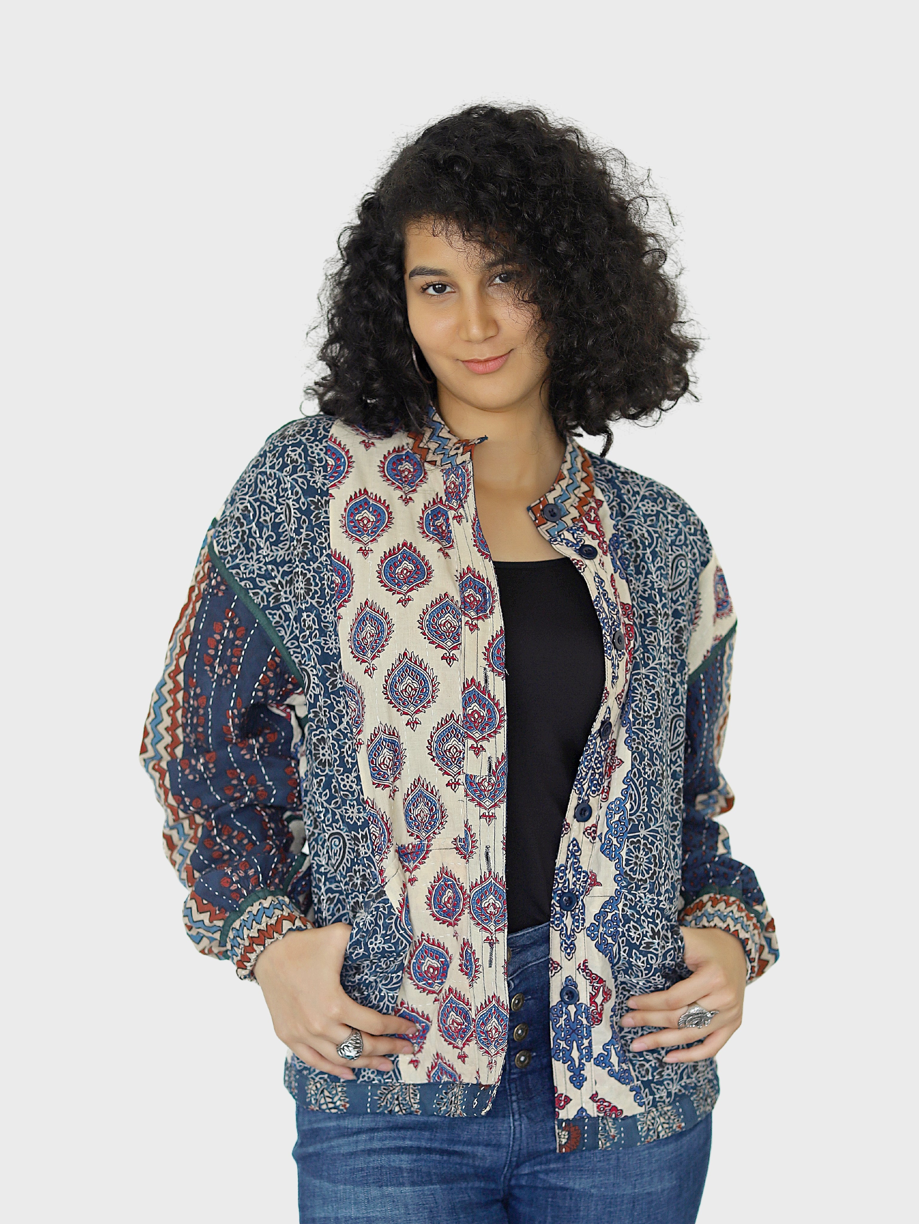 Dhara Ajrakh Print Reversible Bomber Jacket