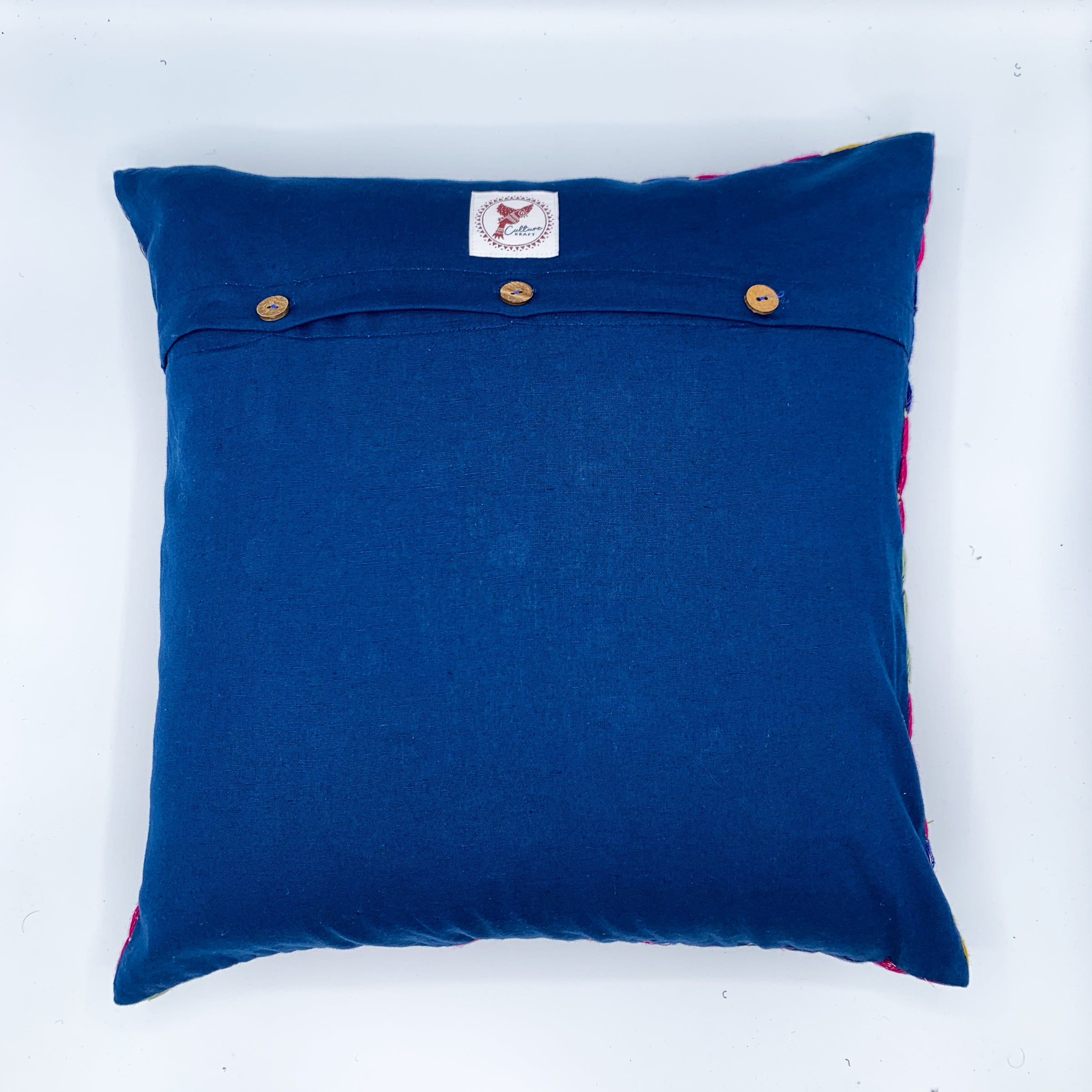 "BHADRA Vintage Kutch Embroidery Cushion Cover, 18x18 inches, featuring intricate traditional Kutch embroidery in vibrant colors, showcasing floral and geometric patterns on a soft fabric background."