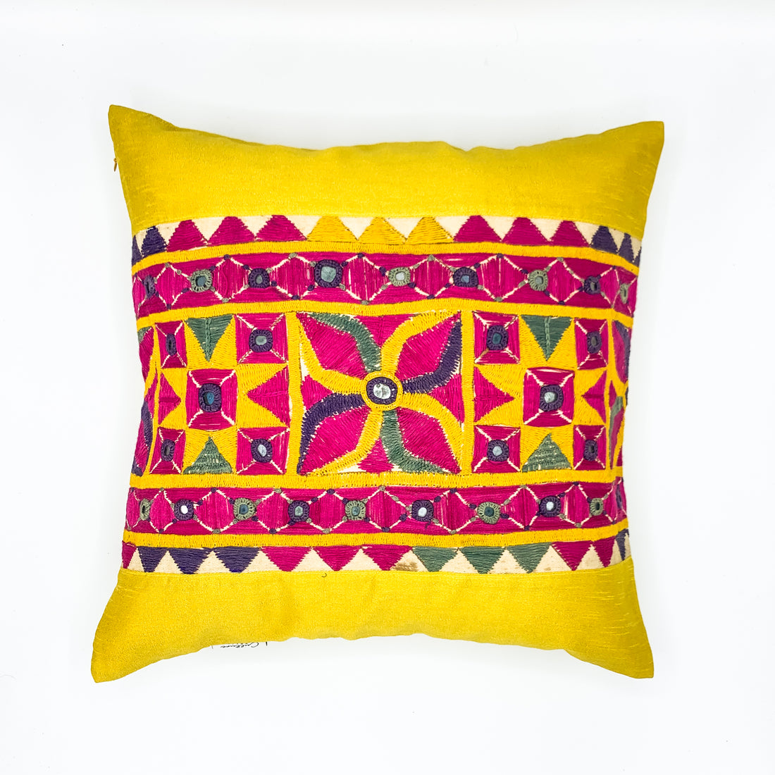 "Vintage Kutch embroidery panel cushion cover featuring intricate traditional designs in vibrant colors, available in sizes 16x16 and 18x18 inches. Perfect for adding a touch of ethnic charm to your home decor."