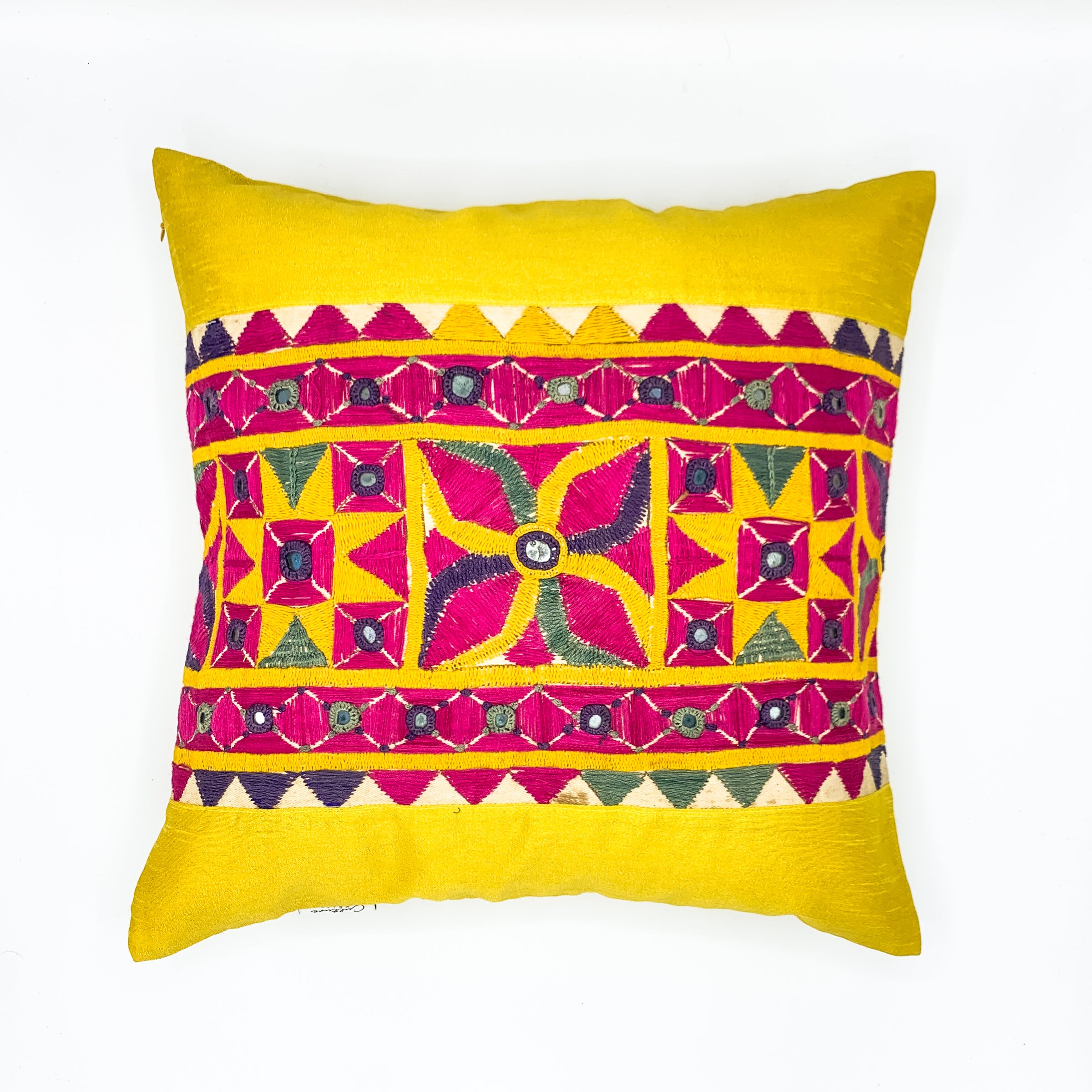 "Vintage Kutch embroidery panel cushion cover featuring intricate traditional designs in vibrant colors, available in sizes 16x16 and 18x18 inches. Perfect for adding a touch of ethnic charm to your home decor."