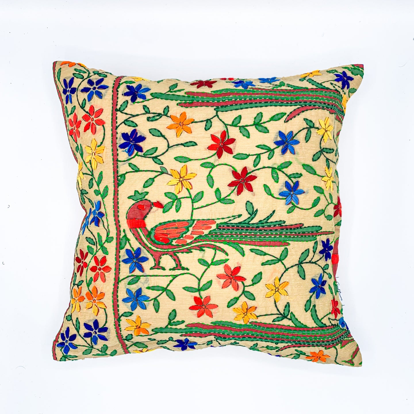 "16x16 inch cushion cover featuring vibrant block printed patterns and intricate hand embroidery, adding a touch of artisanal charm to any space."