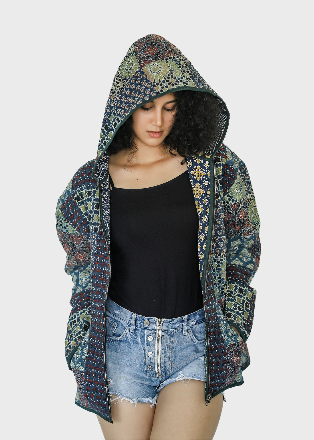 Vayu Ajrakh Print Reversible Hooded Jacket