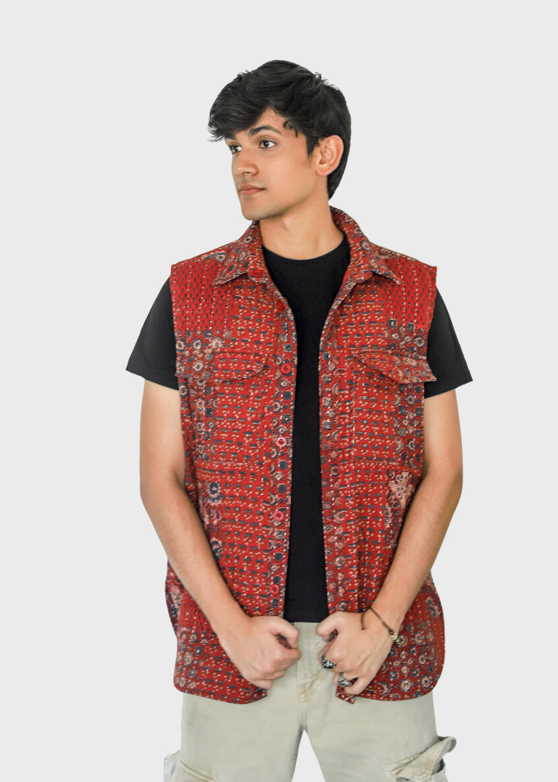 Geru Ajrakh Print Reversible Sleeveless Jacket