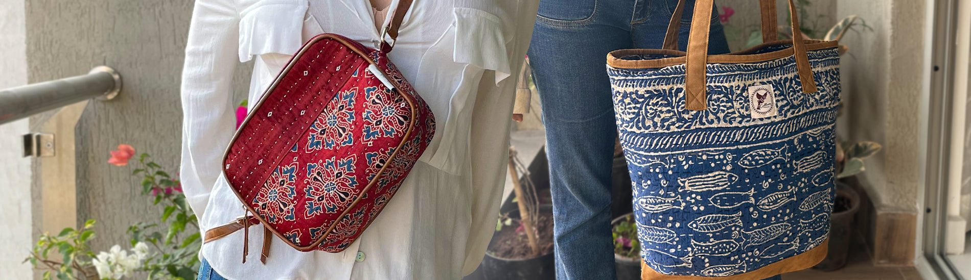 RAMAYA - Ajrakh Printed Mashru Sling Bag & MATSYA - Dabu Blockprinted Indigo Tote Bag
Upcycled Bags