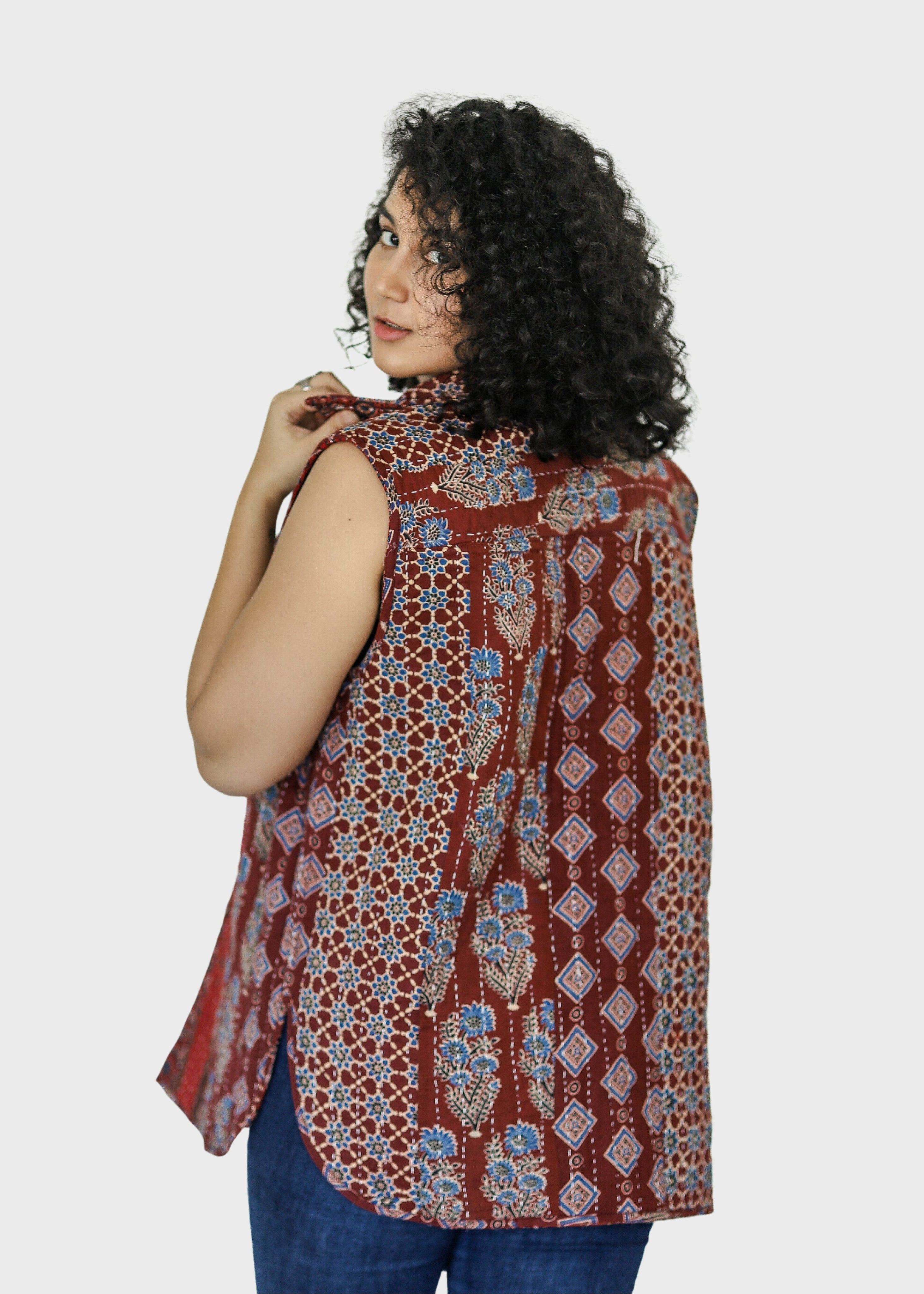 Geru Ajrakh Print Reversible Sleeveless Jacket