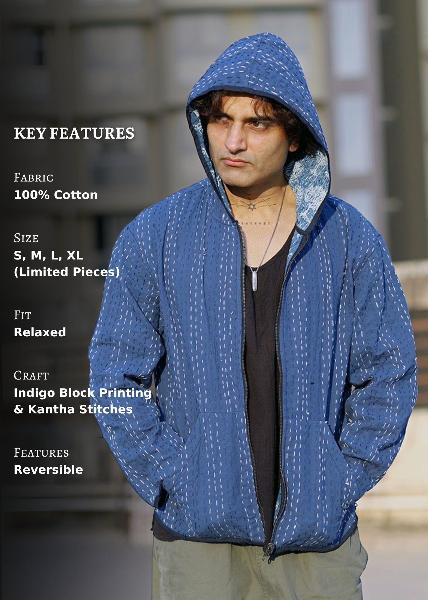 Meher Indigo Print Reversible Hooded Jacket