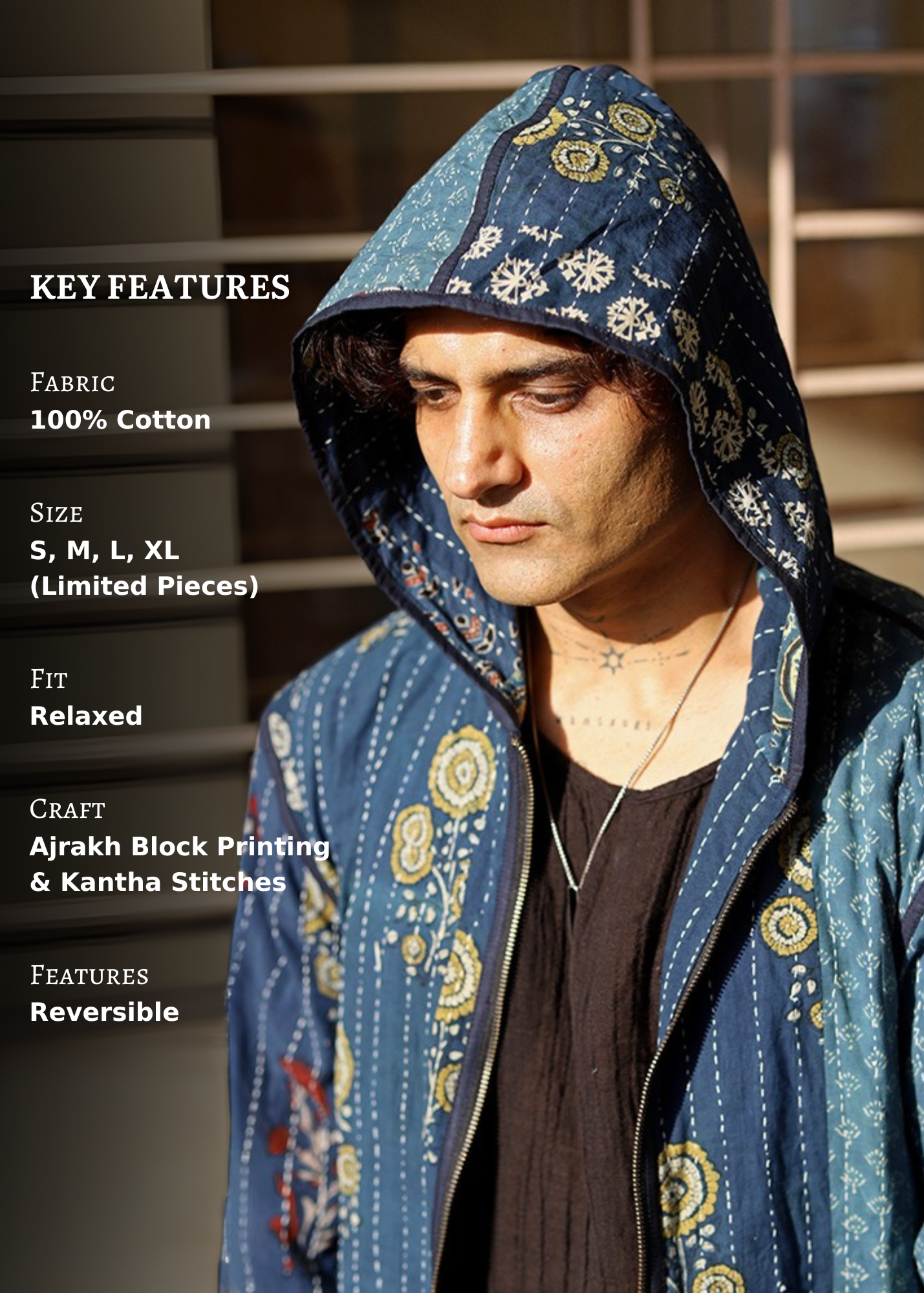 Raqs Ajrakh Print Reversible Hooded Jacket