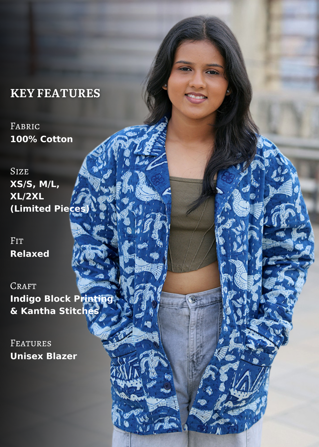 Parwaaz Indigo Block Print Unisex Blazer