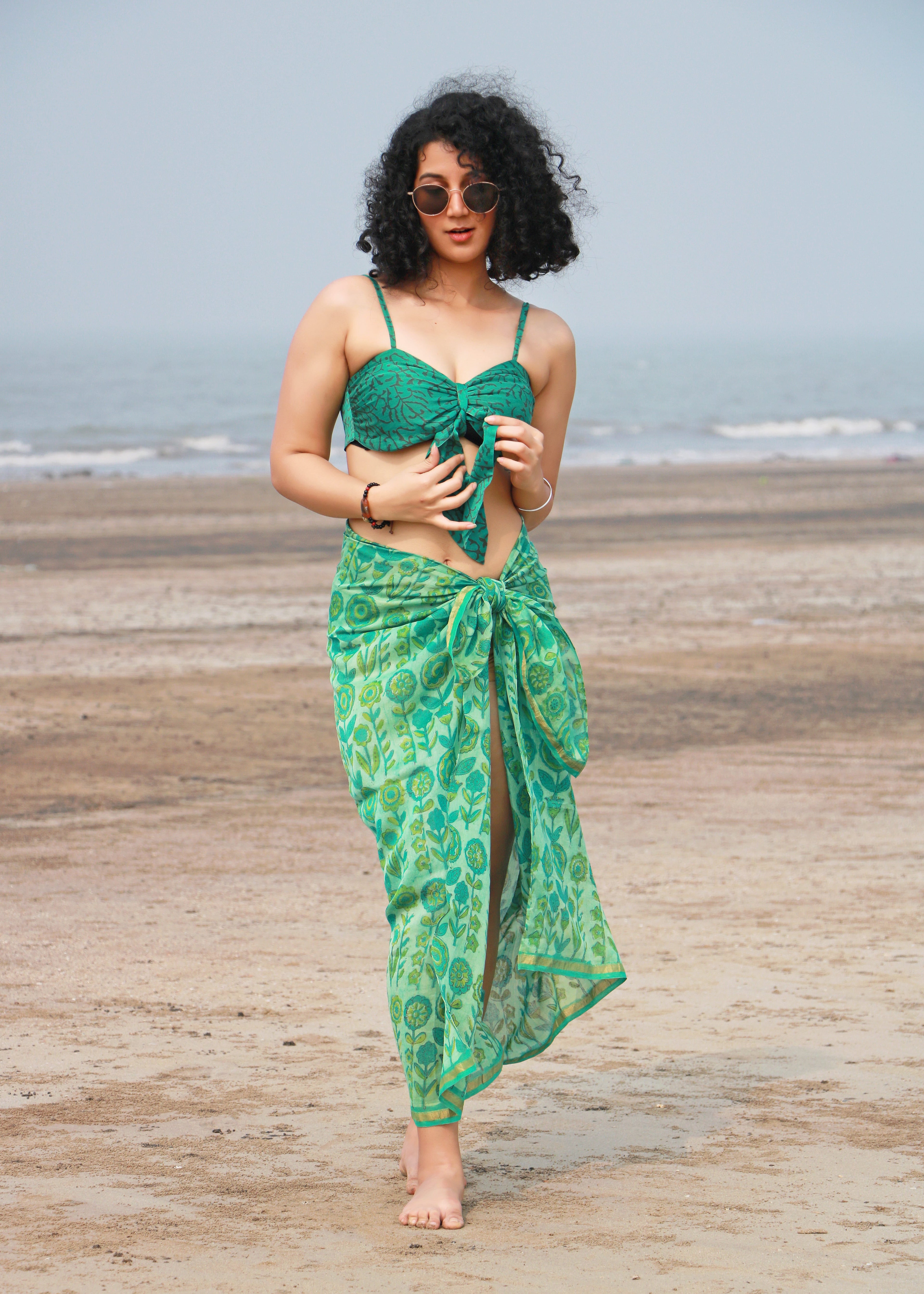 Set of 2- Zefir Ajrakh Chanderi Silk Bra Top &amp; Sarong