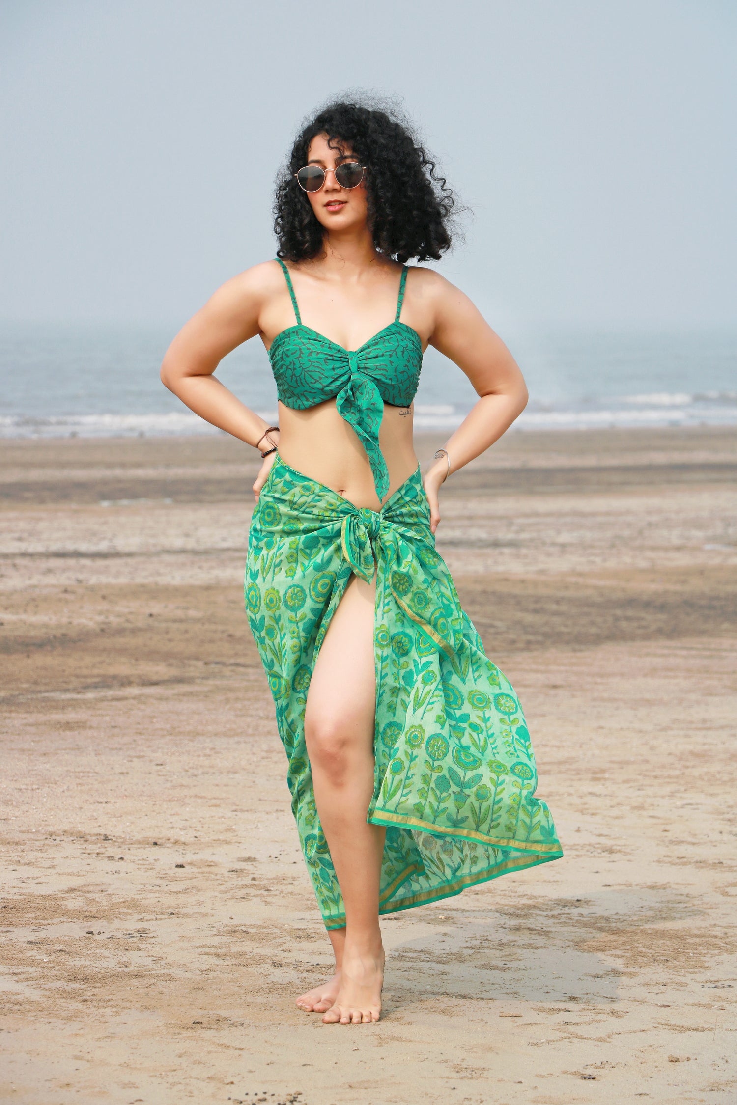 Set of 2- Zefir Ajrakh Chanderi Silk Bra Top &amp; Sarong