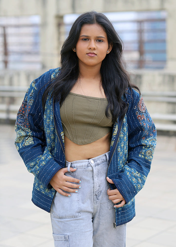 Raqs Ajrakh Print Reversible Hooded Jacket