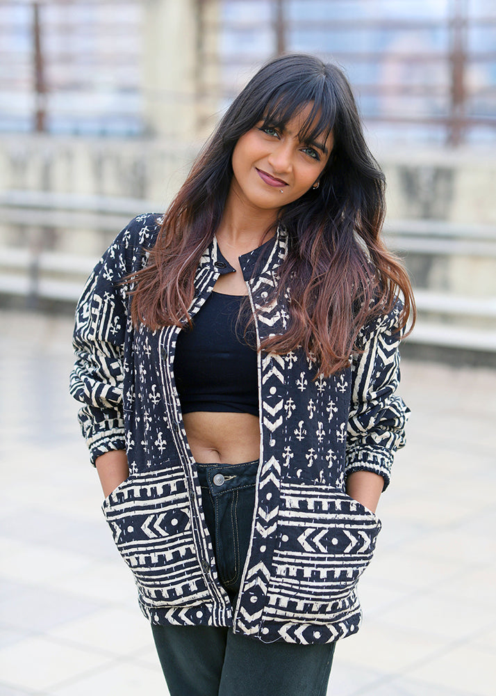 Aks Handblock Print Bomber Jacket