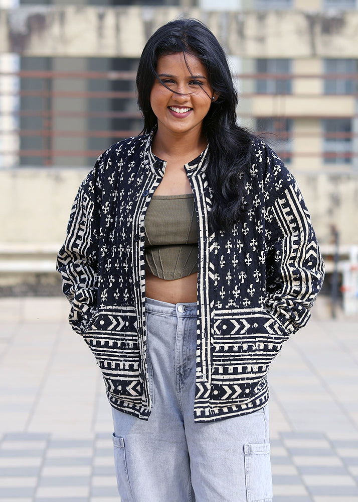 Aks Handblock Print Bomber Jacket
