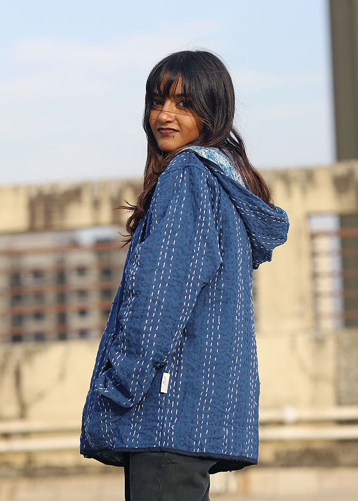 Meher Indigo Print Reversible Hooded Jacket