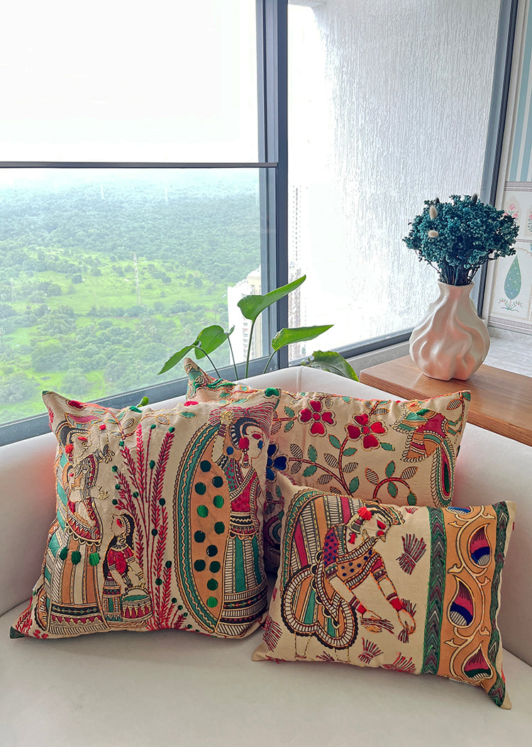 MAI - Block Printed and Hand Embroidered Cushion Cover (16x12, 18x18, 24x16)