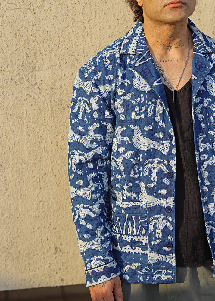 Parwaaz Indigo Block Print Unisex Blazer