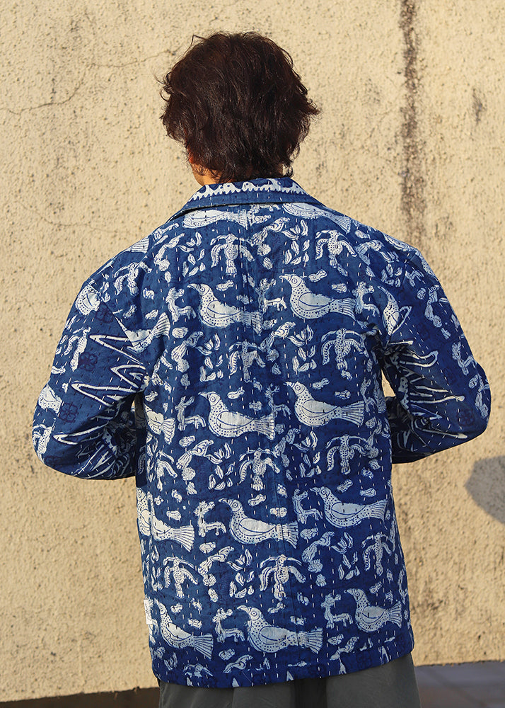 Parwaaz Indigo Block Print Unisex Blazer