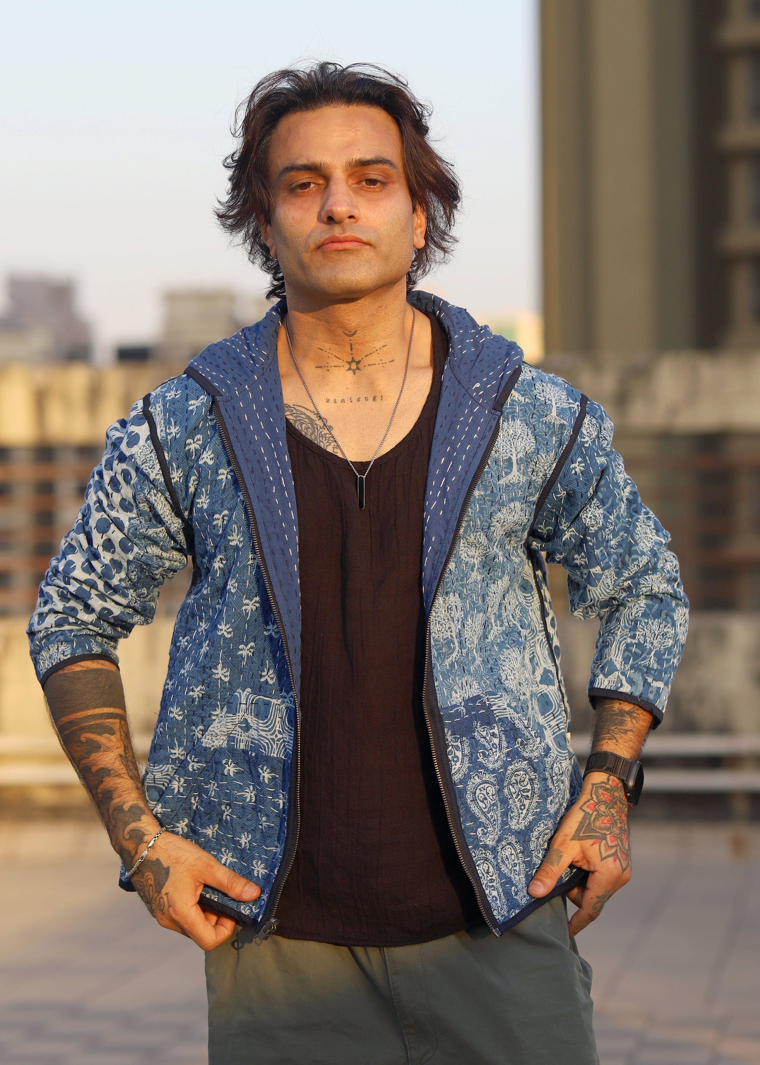 Meher Indigo Print Reversible Hooded Jacket