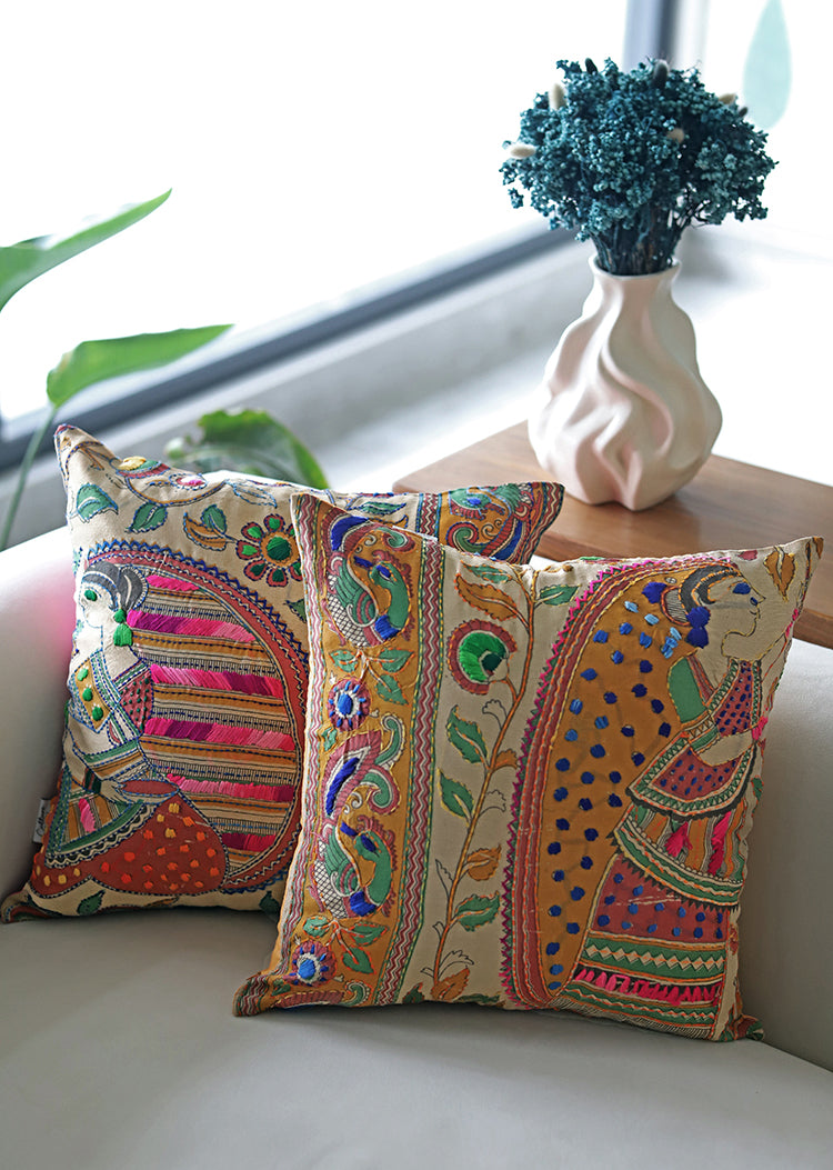 BHUMIJA - Block Printed and Hand Embroidered Cushion Cover (18x18)