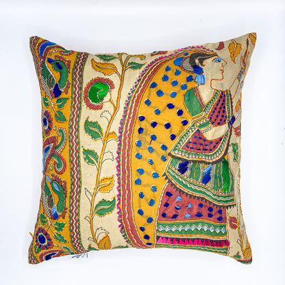 BHUMIJA - Block Printed and Hand Embroidered Cushion Cover (18x18)