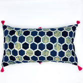 MADHUKOSH - Set of 3 Ajrakh Block Printed Indigo Cushion Covers in sizes 11x11, 16x16, and 22x12, featuring traditional handblock prints in deep indigo tones.