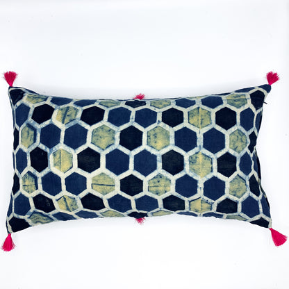 MADHUKOSH - Set of 3 Ajrakh Block Printed Indigo Cushion Covers in sizes 11x11, 16x16, and 22x12, featuring traditional handblock prints in deep indigo tones.